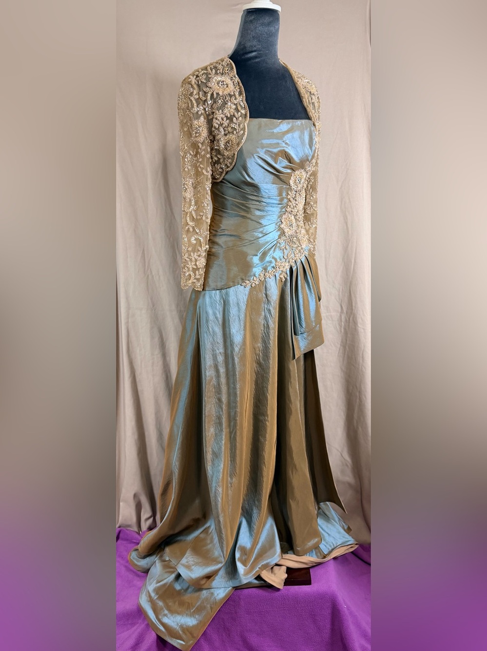 Montage by Mon Cheri Strapless Satin Gown in Sage Green and Champagne beaded